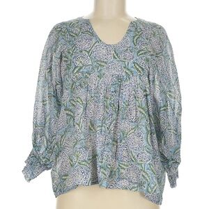 Dolma Blue Block Print Popover Blouse Relaxed fit exaggerated balloon sleeve OS